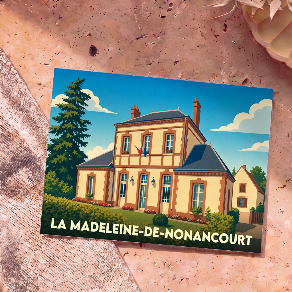 Carte postale souvenir de La Madeleine-de-Nonancourt illustrant l'hôtel de ville dans un style graphique épuré.