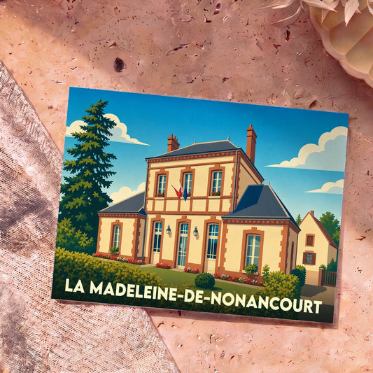 Carte postale souvenir de La Madeleine-de-Nonancourt illustrant l'hôtel de ville dans un style graphique épuré.