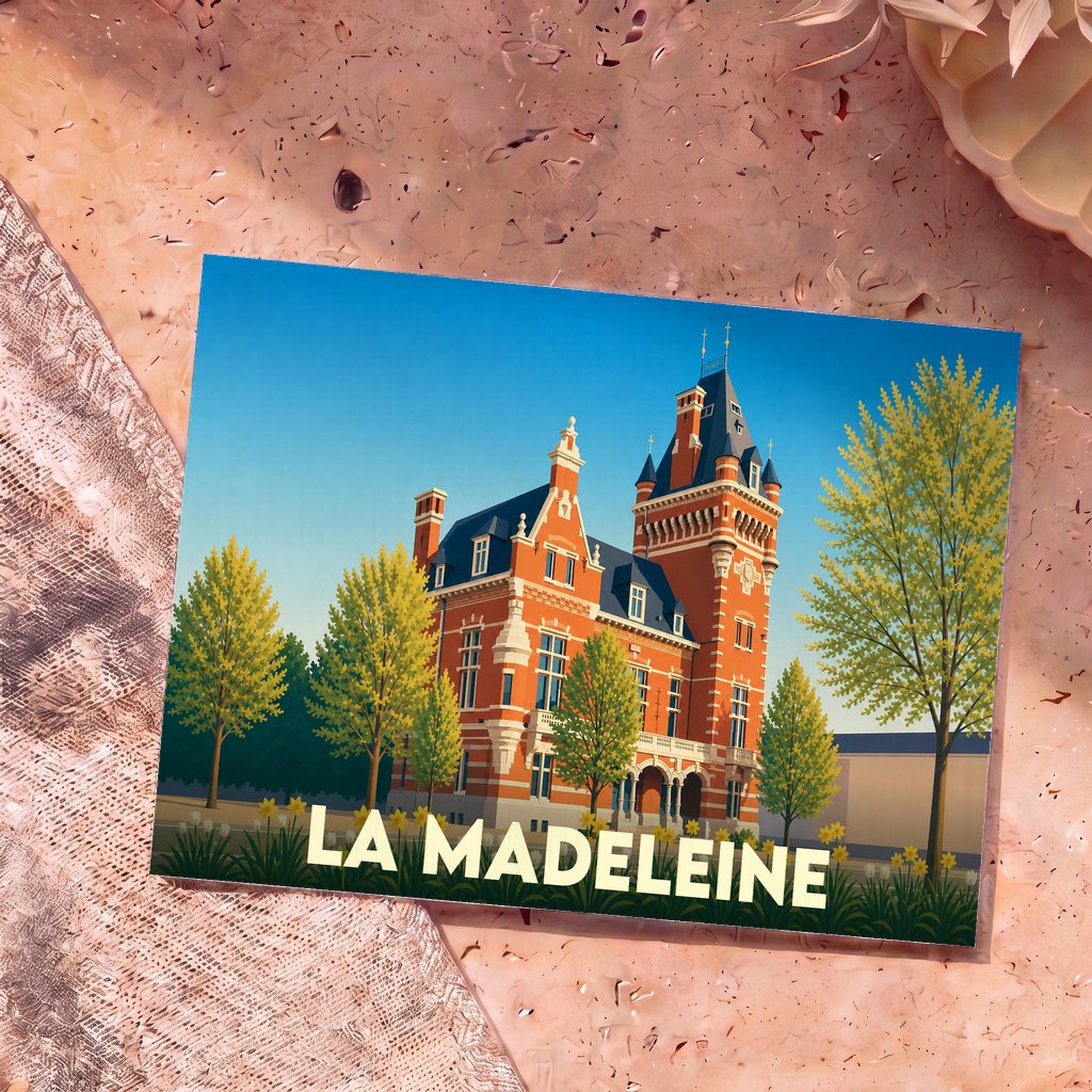 Carte postale souvenir de la ville de La Madeleine avec une illustration stylisée de son hôtel de ville.
