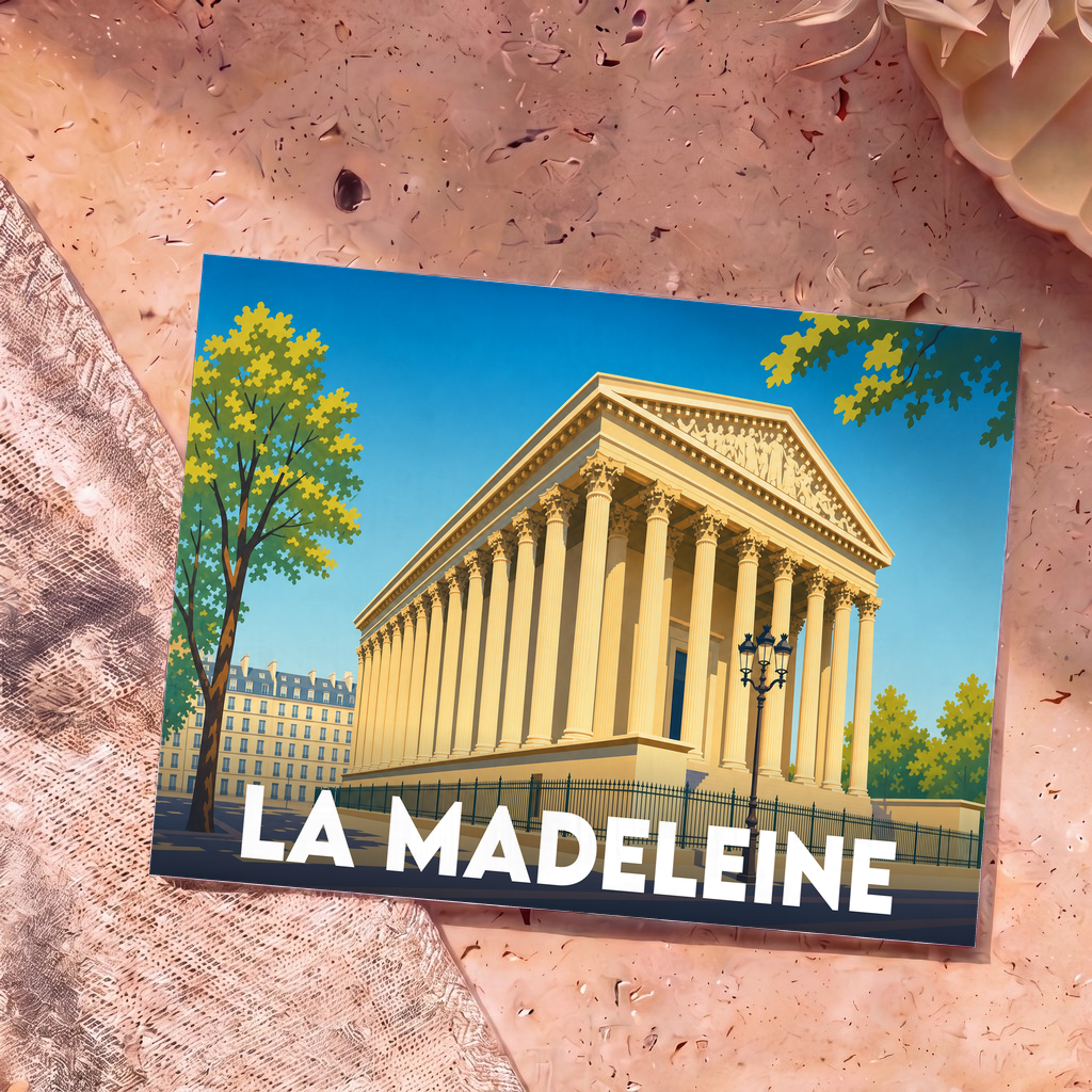 Carte postale souvenir de la ville de La Madeleine avec une illustration stylisée de son église emblématique.