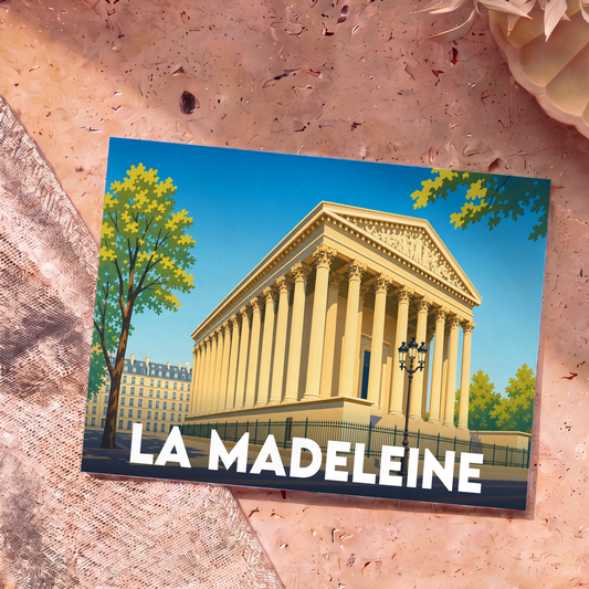 Carte postale souvenir de la ville de La Madeleine avec une illustration stylisée de son église emblématique.