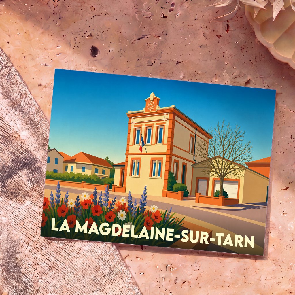 Carte postale souvenir de la ville de La Magdelaine-sur-Tarn avec une illustration colorée et stylisée de sa mairie.