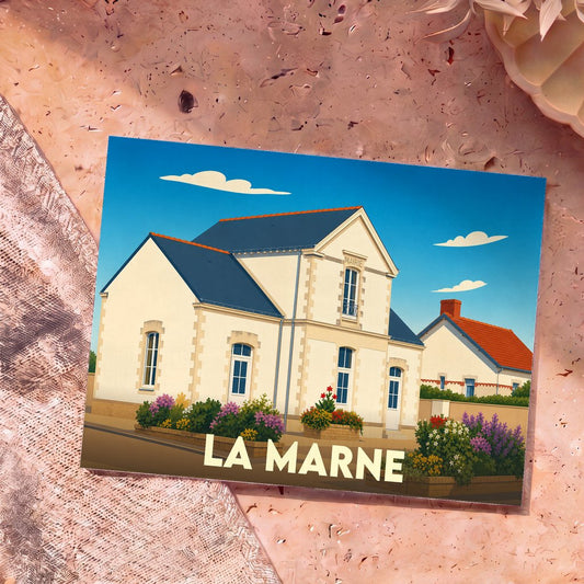 Carte postale souvenir de la ville de La Marne avec une illustration stylisée de la mairie.