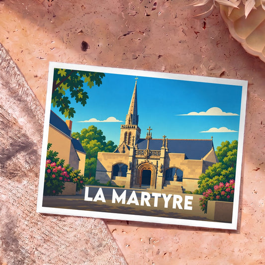 Carte postale souvenir de la ville de La Martyre avec une illustration stylisée de son église.