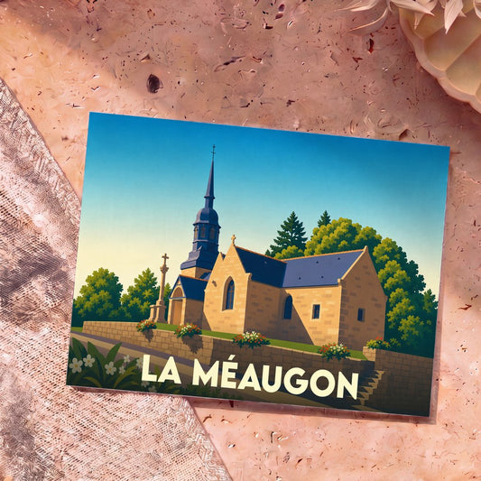 Carte postale souvenir de la ville de La Méaugon avec une illustration stylisée de son église.