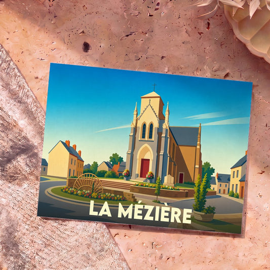 Carte postale souvenir de la ville de La Mézière avec une illustration stylisée de son église.