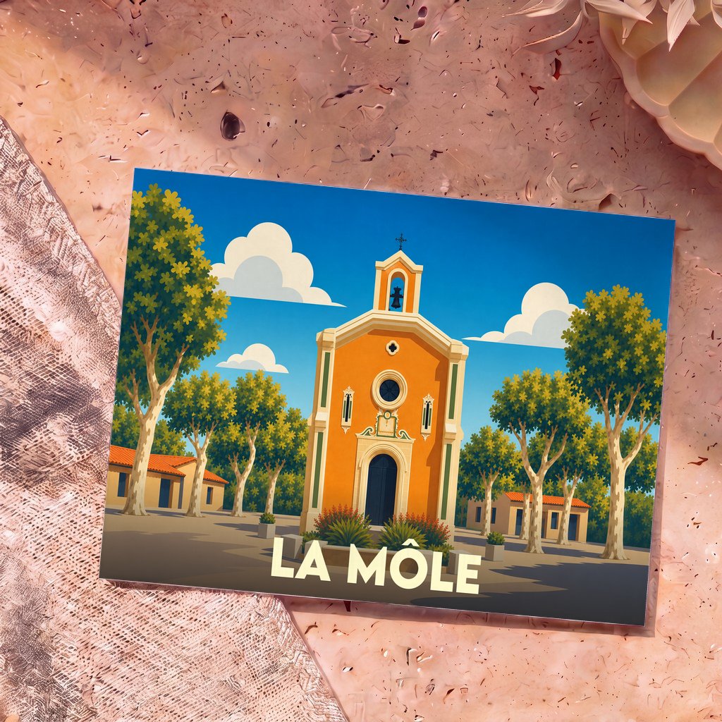 Carte postale souvenir de la ville de La Môle avec une illustration stylisée de son église sous un ciel bleu.