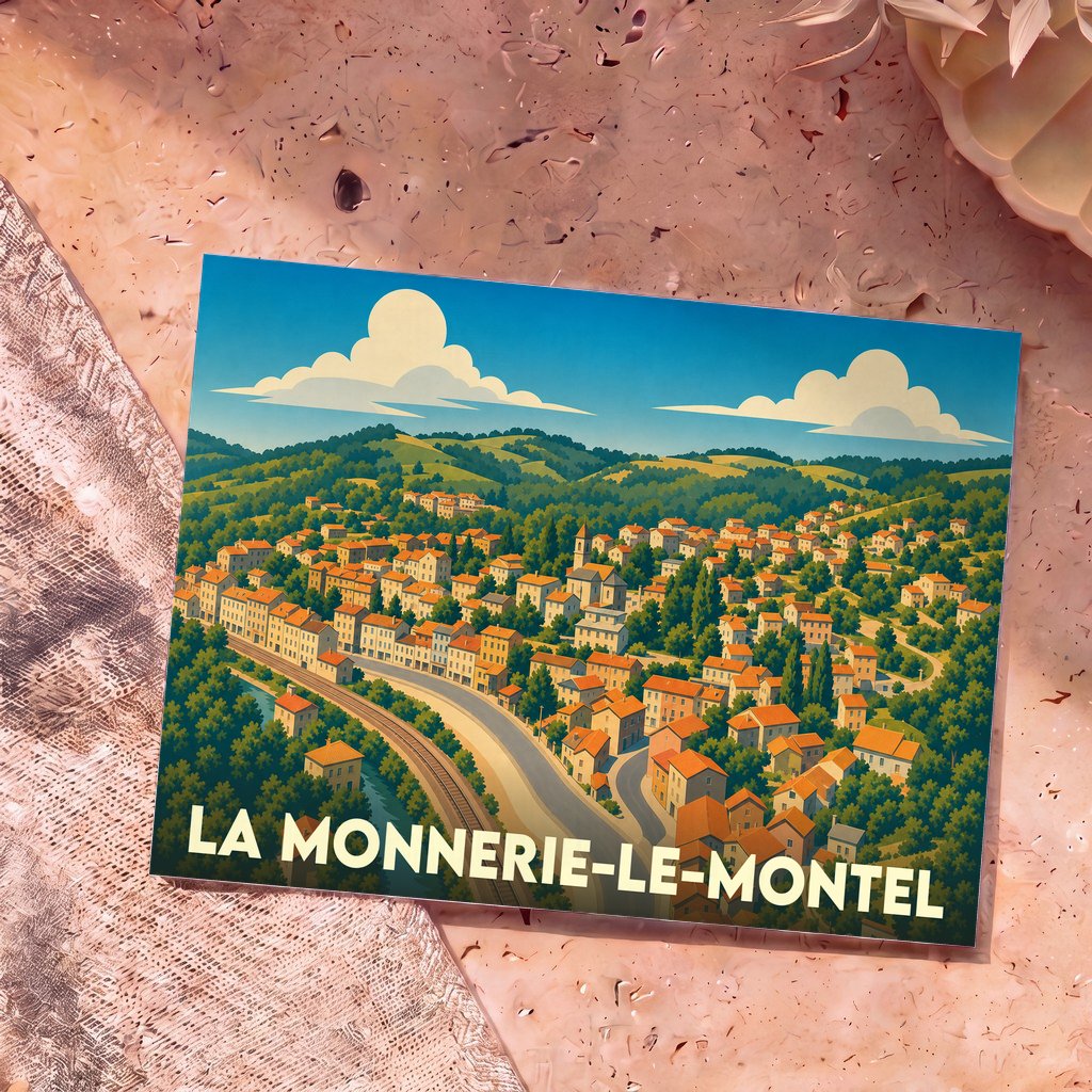 Carte postale souvenir de la ville de La Monnerie-le-Montel avec une illustration stylisée du village niché dans les collines.