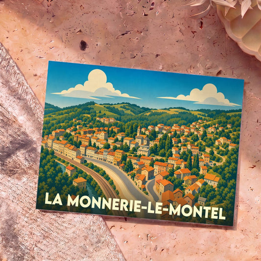 Carte postale souvenir de la ville de La Monnerie-le-Montel avec une illustration stylisée du village niché dans les collines.