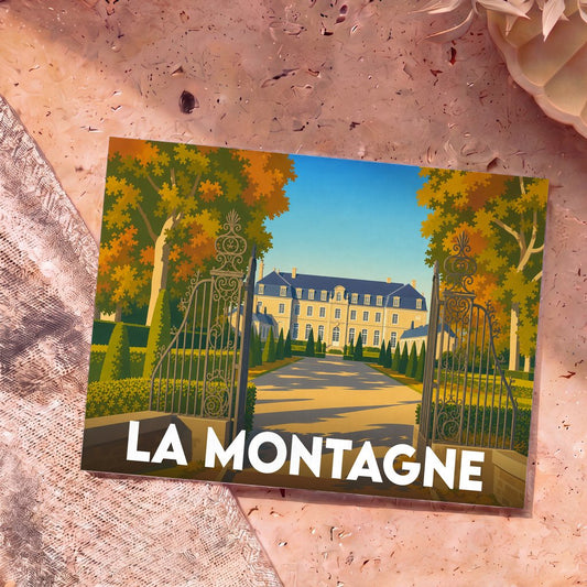 Carte postale souvenir de la ville de La Montagne illustrant un château et son parc dans un style graphique épuré.