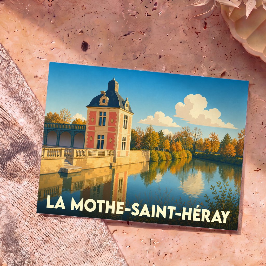 Carte postale souvenir de la ville de La Mothe-Saint-Héray avec une illustration stylisée de son orangerie au bord de l'eau.