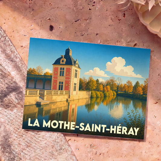 Carte postale souvenir de la ville de La Mothe-Saint-Héray avec une illustration stylisée de son orangerie au bord de l'eau.