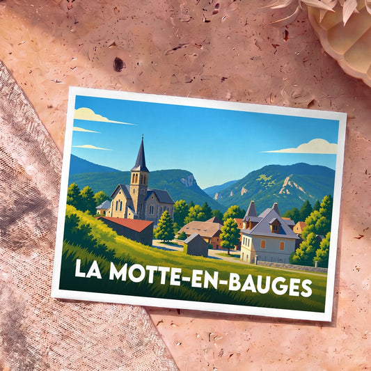 Carte postale souvenir de la ville de La Motte-en-Bauges avec une illustration stylisée de son église et de ses montagnes.