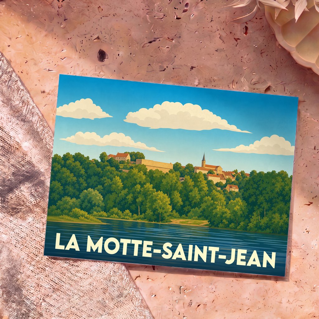 Carte postale souvenir de la ville de La Motte-Saint-Jean avec une illustration stylisée.