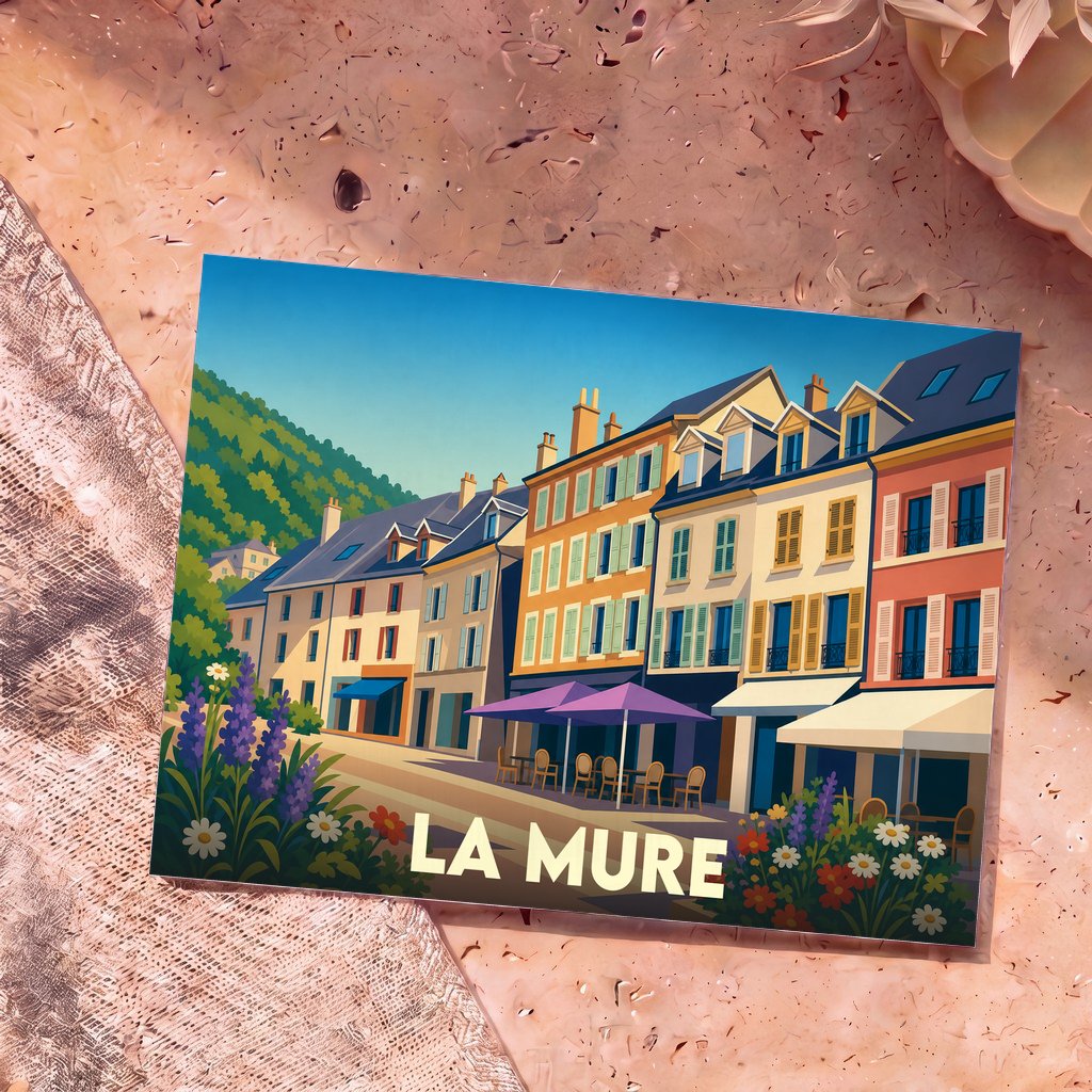 Carte postale souvenir de la ville de La Mure présentant une illustration stylisée et colorée de ses façades et terrasses.