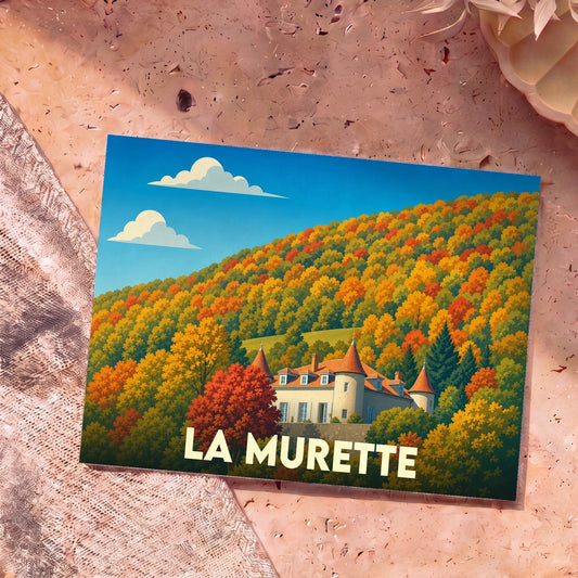 Carte postale souvenir de la ville de La Murette illustrant un château entouré d'une forêt d'automne colorée.