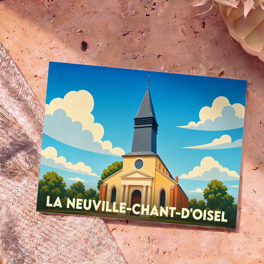Carte postale souvenir de La Neuville-Chant-d'Oisel illustrant son église dans un style graphique épuré.