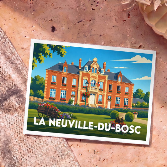 Carte postale souvenir de la ville de La Neuville-du-Bosc avec une illustration stylisée d'un manoir fleuri.