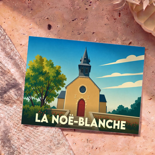 Carte postale souvenir de la ville de La Noë-Blanche illustrant son église dans un style graphique et coloré.