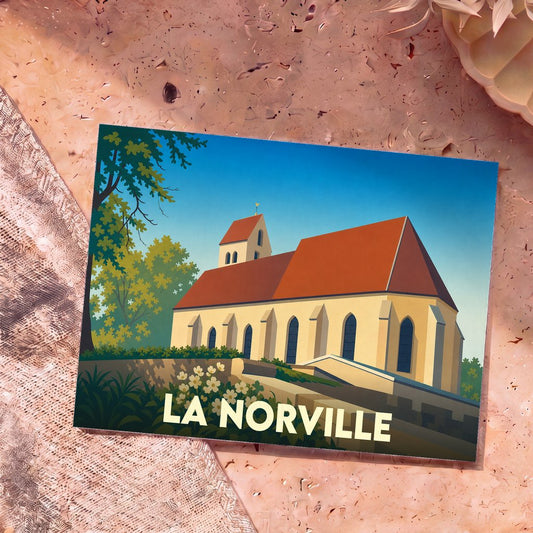 Carte postale souvenir de la ville de La Norville avec une illustration stylisée de son église.