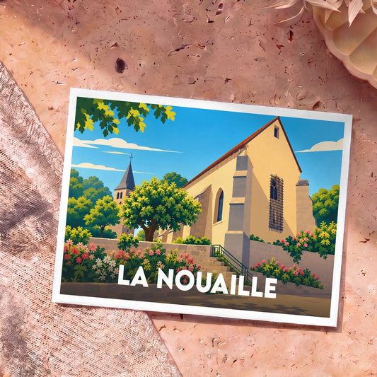 Carte postale souvenir de la ville de La Nouaille avec une illustration stylisée de son église entourée de fleurs.