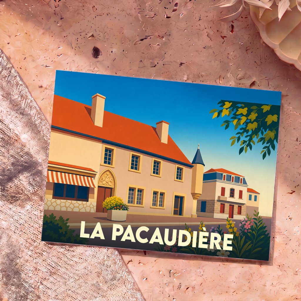 Carte postale souvenir de la ville de La Pacaudière avec une illustration stylisée de son architecture locale.