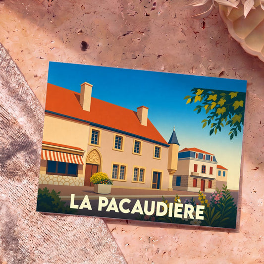Carte postale souvenir de la ville de La Pacaudière avec une illustration stylisée de son architecture locale.