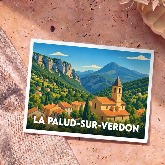 Carte postale souvenir de la ville de La Palud-sur-Verdon avec une illustration stylisée de son église et des montagnes environnantes.