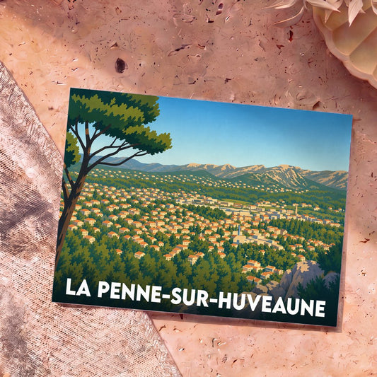 Carte postale souvenir de la ville de La Penne-sur-Huveaune avec une illustration stylisée.