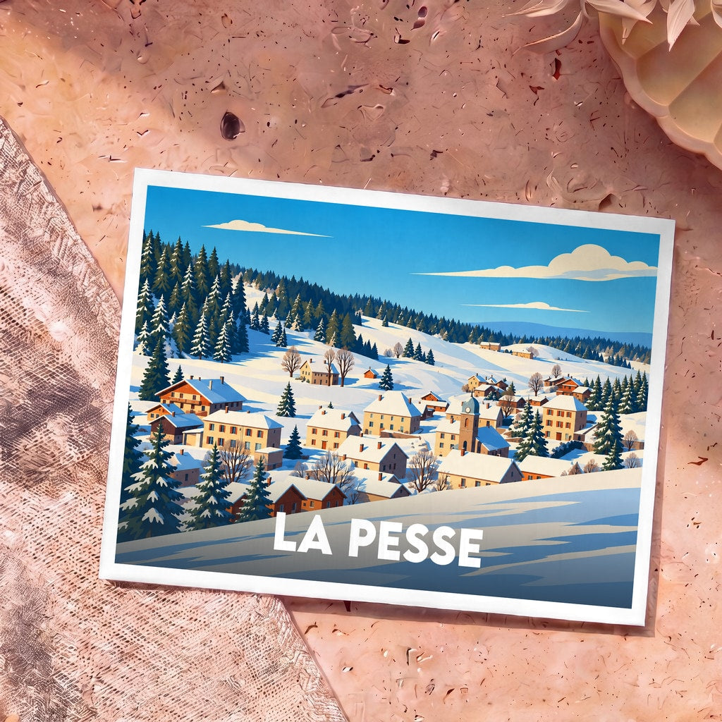 Carte postale souvenir de la ville de La Pesse avec une illustration hivernale stylisée.