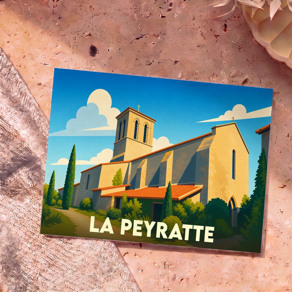 Carte postale souvenir de la ville de La Peyratte illustrant son église dans un style graphique épuré.