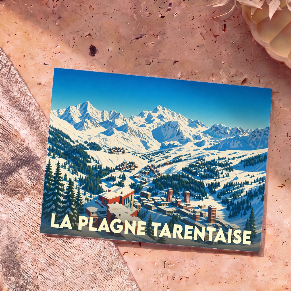 Carte postale souvenir de la ville de La Plagne Tarentaise avec une illustration stylisée d'un paysage de montagne enneigé.