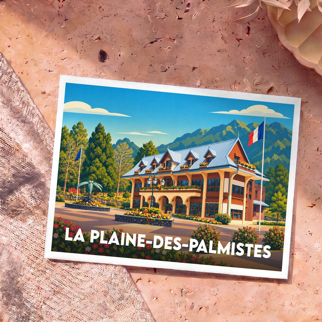 Carte postale souvenir de la ville de La Plaine-des-Palmistes avec une illustration stylisée de son architecture et de ses paysages de montagne.