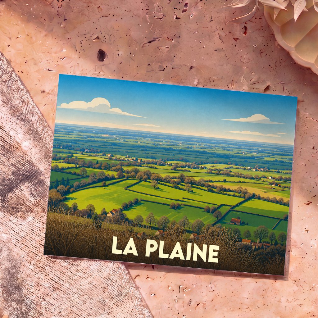 Carte postale souvenir de La Plaine avec une illustration stylisée de champs verdoyants.