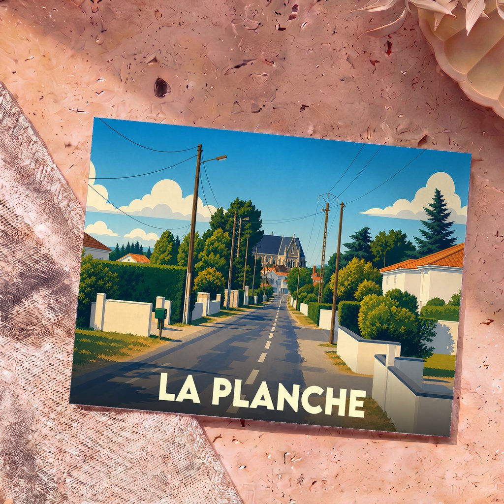 Carte postale souvenir de la commune de La Planche avec une illustration stylisée d'une rue menant vers l'église.