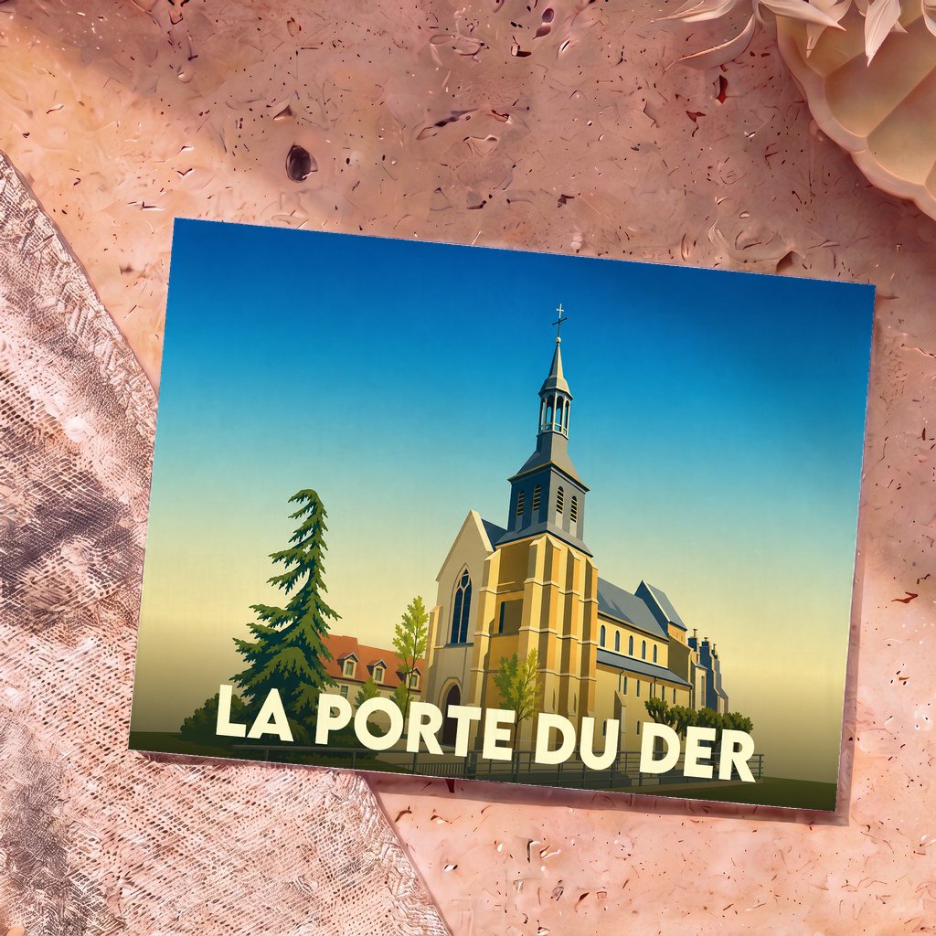 Carte postale souvenir de la ville de La Porte du Der avec une illustration stylisée de son église.