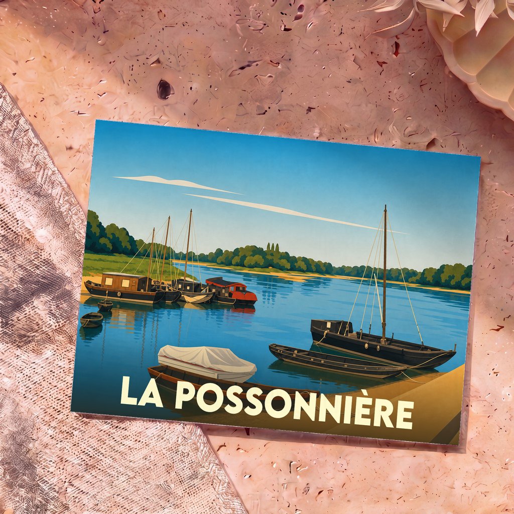 Carte postale souvenir de la ville de La Possonnière illustrant des bateaux traditionnels sur la Loire dans un style graphique épuré.