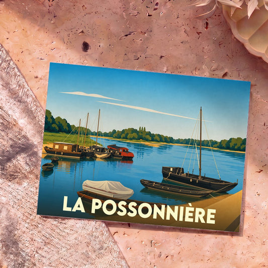 Carte postale souvenir de la ville de La Possonnière illustrant des bateaux traditionnels sur la Loire dans un style graphique épuré.