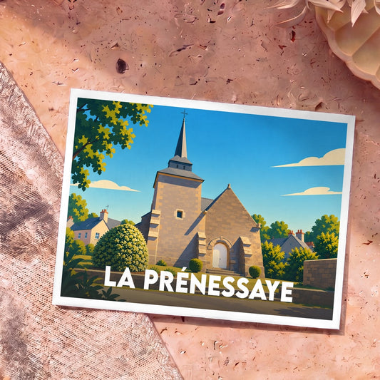 Carte postale souvenir de la ville de La Prénessaye avec une illustration stylisée de son église.