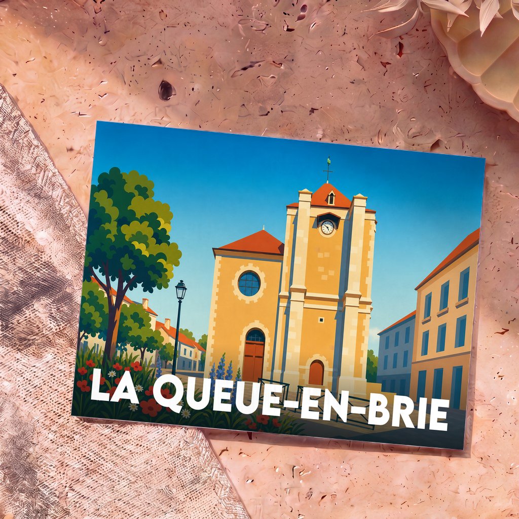 Carte postale souvenir de la ville de La Queue-en-Brie avec une illustration stylisée de son église.