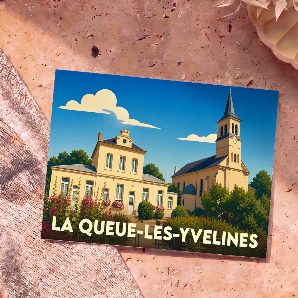 Carte postale souvenir de la commune de La Queue-les-Yvelines avec une illustration stylisée de son église et de ses bâtiments.