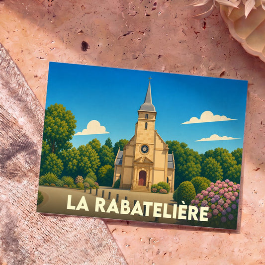 Carte postale souvenir de la ville de La Rabatelière avec une illustration stylisée de son église.