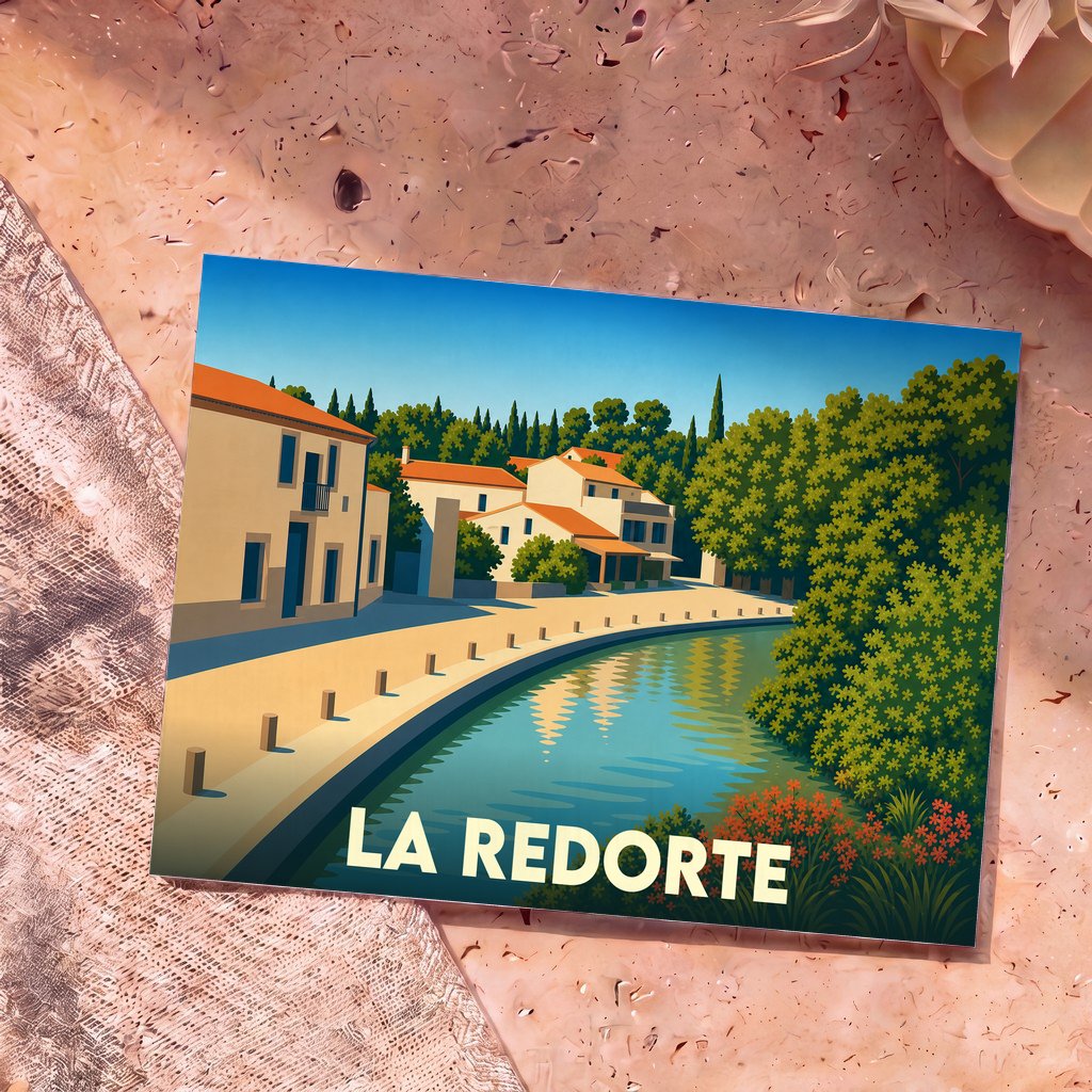 Carte postale souvenir de la ville de La Redorte avec une illustration stylisée d'un canal bordé de maisons et de verdure.