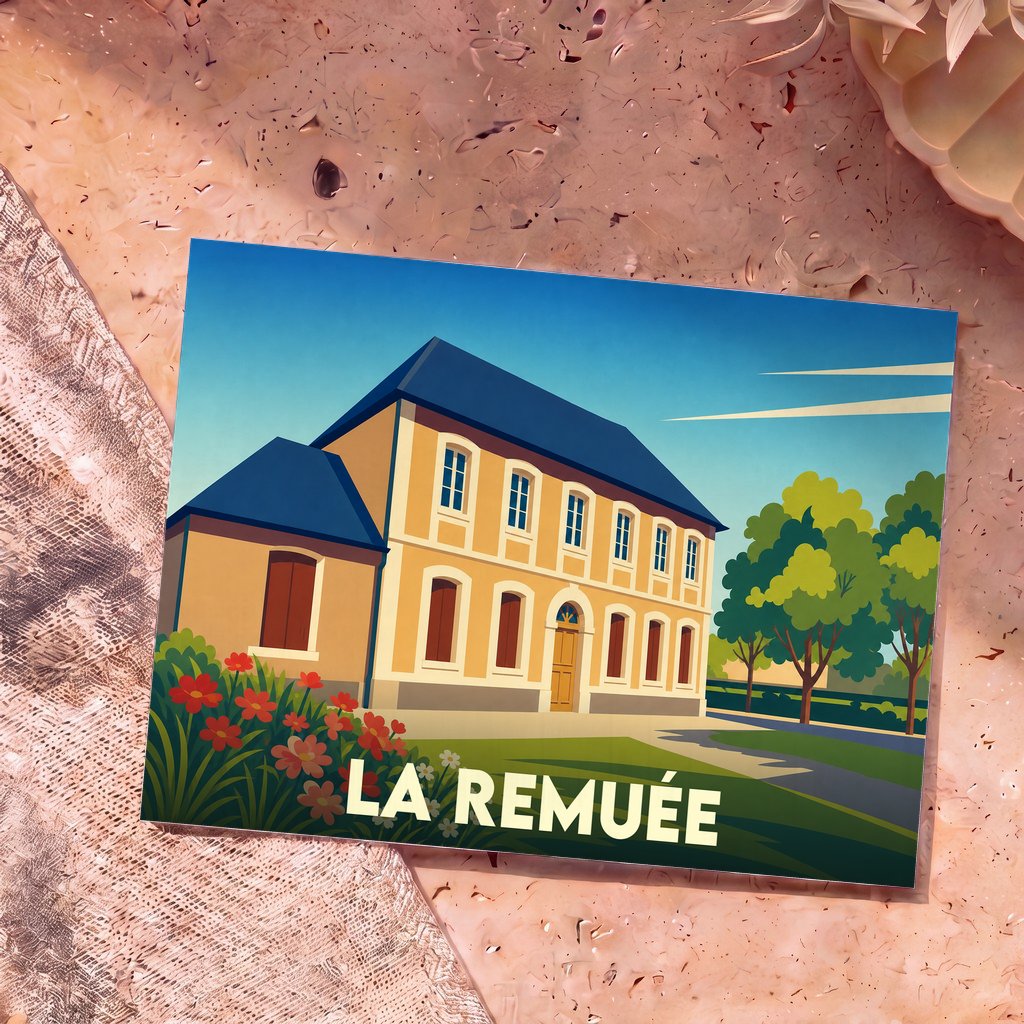 Carte postale souvenir de la ville de La Remuée avec une illustration stylisée d'une maison de maître normande.