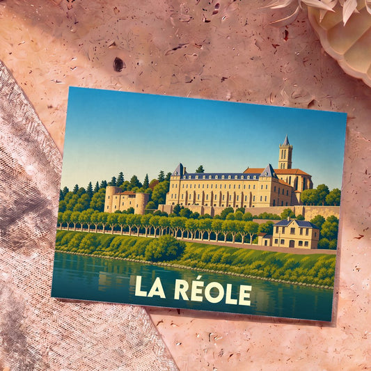 Carte postale souvenir de la ville de La Réole avec une illustration stylisée de ses monuments au bord de l'eau.