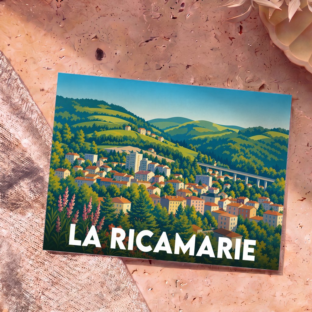 Carte postale souvenir de la ville de La Ricamarie avec une illustration stylisée de son paysage vallonné.