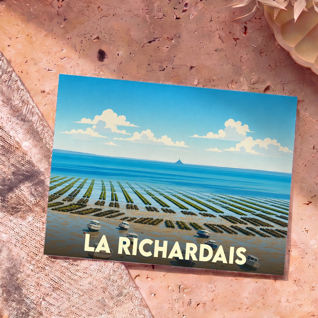 Carte postale souvenir de la ville de La Richardais illustrant des parcs ostréicoles et de petits bateaux dans un style graphique épuré.