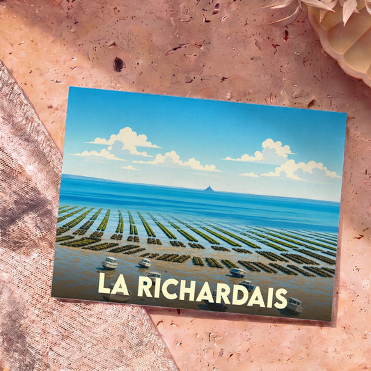 Carte postale souvenir de la ville de La Richardais illustrant des parcs ostréicoles et de petits bateaux dans un style graphique épuré.