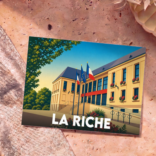Carte postale souvenir de la ville de La Riche avec une illustration stylisée de son hôtel de ville.