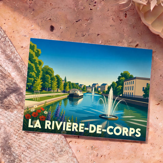 Carte postale souvenir de la ville de La Rivière-de-Corps avec une illustration stylisée d'un canal et de ses fontaines.
